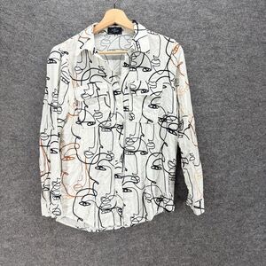 Milk & Honey Shirt Women M Medium White Face Print Button Up Collared Pockets